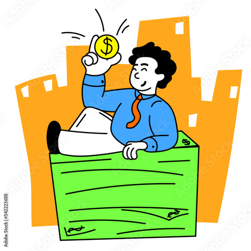 Reliable income, investments, deposits. Vector illustration with young ambitious smart manager received income from the transaction, investments