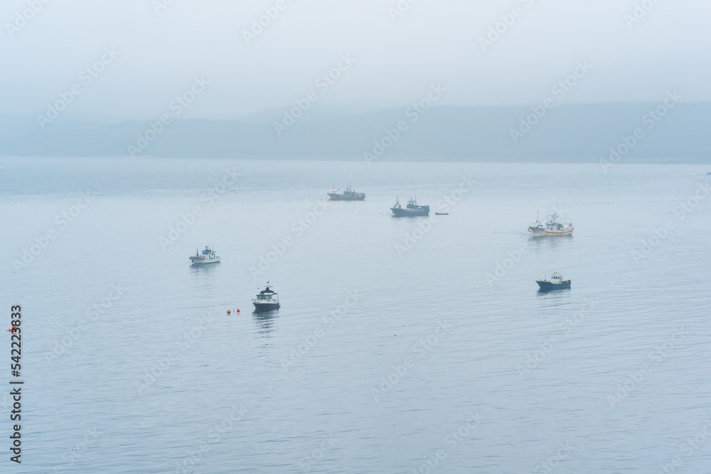 fishing boats at sea against the background of a distant foggy coast