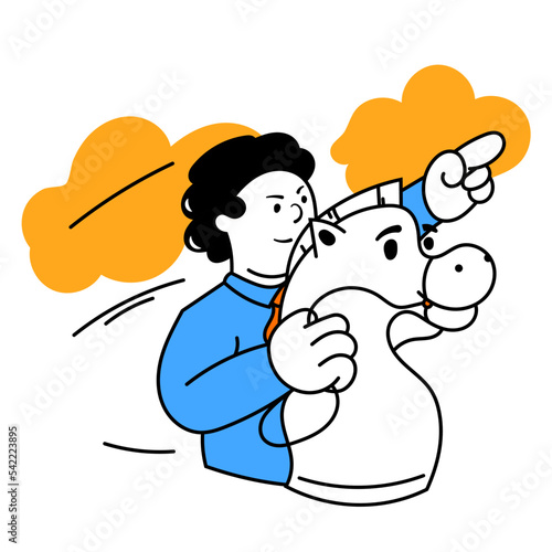 Winner emotions, great goals. Vector illustration with young ambitious smart manager in different business processes. Business, finance, minimalism, team, managment and target
