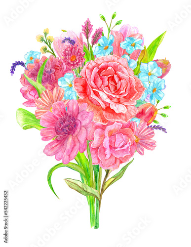 watercolor blossoms. bouquet of flowers. floral arrangement with rose  tulip  lavender flowering plant twigs  tiny blue flowers. png