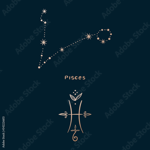 Horoscope, zodiac sign pisces in constellation style with line and stars on dark background. Collection of zodiac symbols, set of constellations of stars.