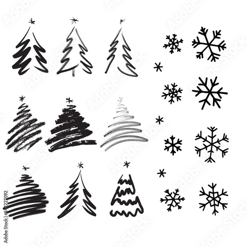 1 christmas tree snowflakes new year set doodle calligraphy