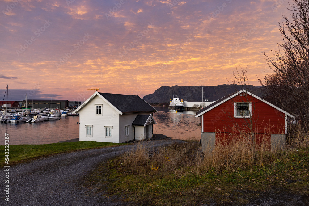 Sunset in Salhus marina and seahouse, Brønnøysund, Norway, Europe