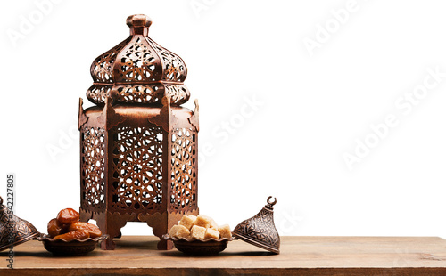 Arabic lantern and plate with date fruits