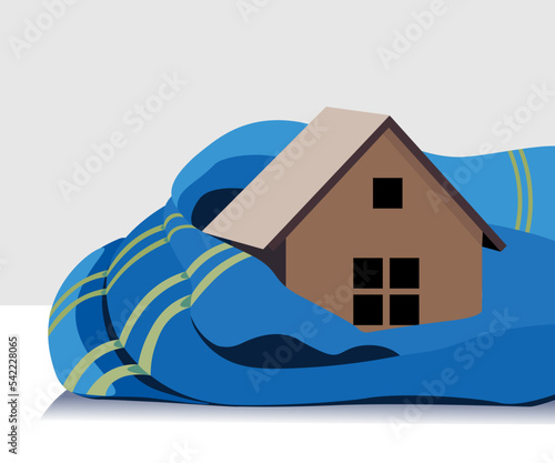 illustration of blue scarf wrapping a miniature house for protection