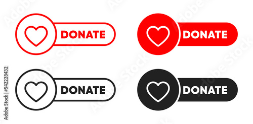 Donate button set with heart shape. Black and red. Vector EPS 10