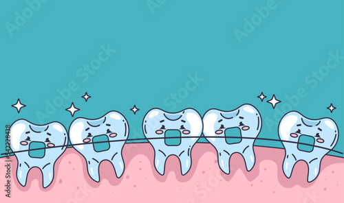 Braces system in open mouth. Dental orthodontic abstract concept. Vector graphic design illustration element