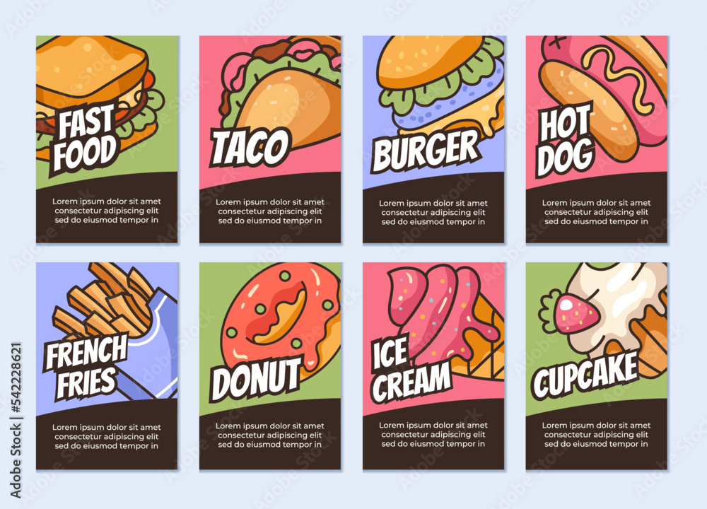 Fast food banner poster flyer cover template abstract concept set. Vector graphic design illustration element