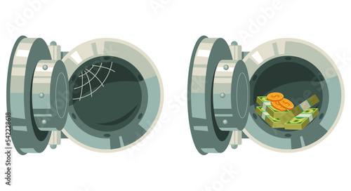 Safe box full of money and empty concept set. Vector graphic design illustration element