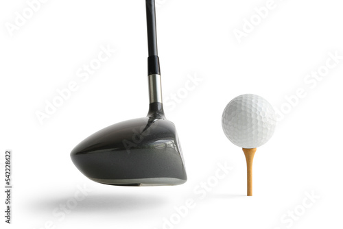 Golf Driver Club and Ball on the Brown Wooden Tee isolated on white background clipping paths