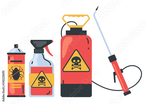 Pest control tools bottle insecticide disinfection abstract concept. Vector graphic design illustration element