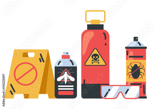 Pest control tools bottle insecticide disinfection abstract concept. Vector graphic design illustration element