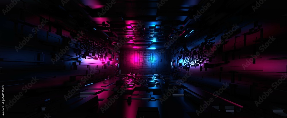 Futuristic corridor with neon illumination background. Digital glowing red blue room in dark 3d render of spaceship. Tunnel with electronic circuits and techno interior