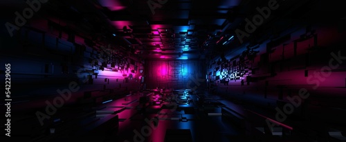 Futuristic corridor with neon illumination background. Digital glowing red blue room in dark 3d render of spaceship. Tunnel with electronic circuits and techno interior