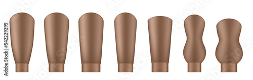Set of brown cosmetic tubes. Realistic mockup. Korean packaging. Lotion or shower gel. Conditioner or hair mask