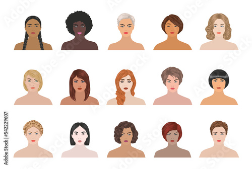 A set of portraits of girls of various nationalities and skin colors.The faces of women with different hair.Vector illustration in cartoon style.