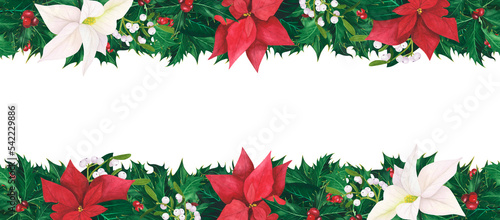 Seamless frame with Christmas holly leaves berries  poinsettia  mistletoe. Watercolor Illustration for template  poster