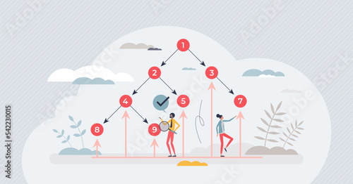 Bottom view of binary tree as data structure with nodes tiny person concept. Computer science scheme with two children for parent in digital branch vector illustration. Information storage management.