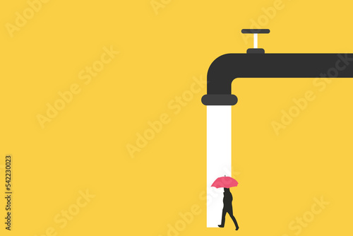 businessman with red umbrella under water faucet. Symbol of protection, security Business and insurance.