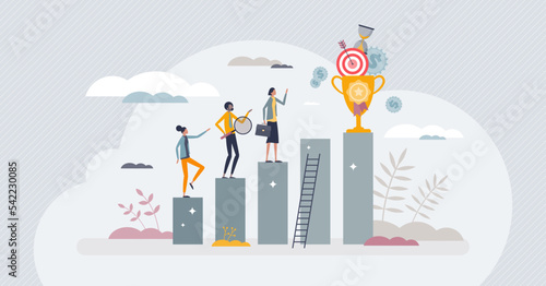 Employee incentive and motivation for job performance tiny person concept. Work appreciation and reward to boost productivity vector illustration. Encouragement for career growth and development.