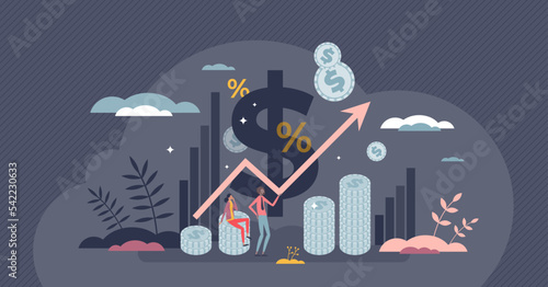 Price increase and financial household expenses rise tiny person concept. Expensive market crisis and stock recession with inflation prediction vector illustration. Mortgage percentage value rising.
