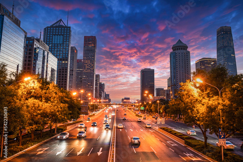 Beijing CBD Guomao Bridge Chang an Street sunset