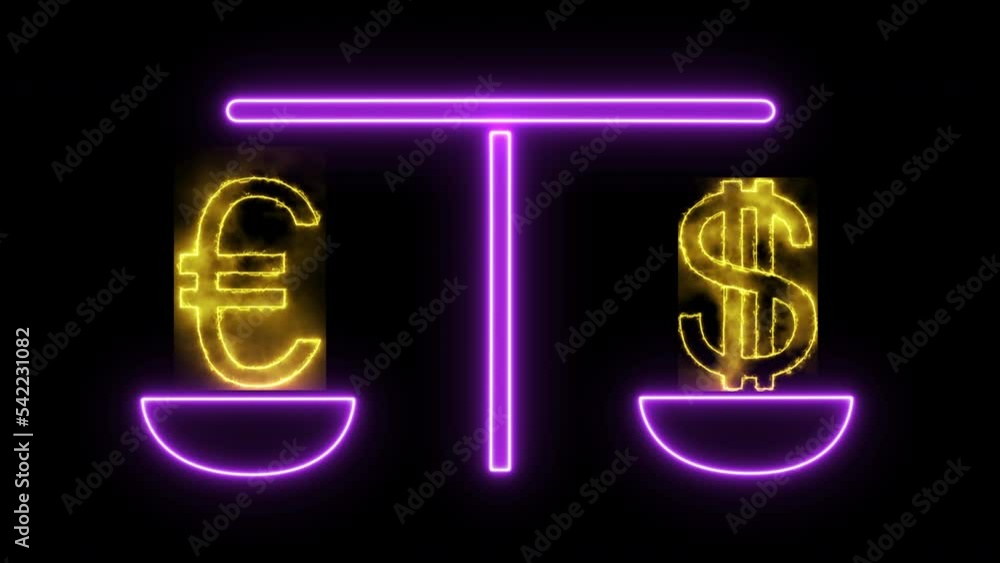 Animation neon scales balance symbols of dollar and euro currencies in yellow gold color on the scales. Medium plan. Animation neon scales balance symbols of dollar and euro currencies in yellow gold color on the scales. Medium plan.