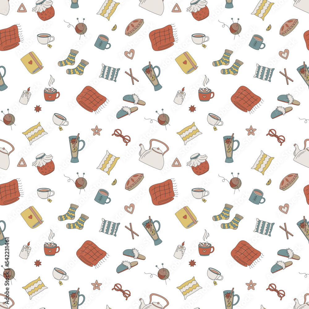 Seamless pattern with elements of hygge. Cozy things, warm clothes, hot drinks and more. Flat hand drawn vector illustration. Seamless pattern with elements of hygge. Cozy things, warm clothes, hot drinks and more. Flat hand drawn vector illustration.