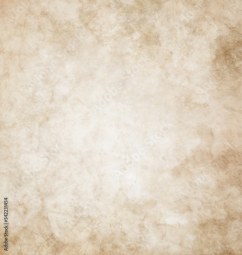 Old brown paper parchment background design with distressed vintage stains and marbled texture, white faded shabby center, elegant antique beige color