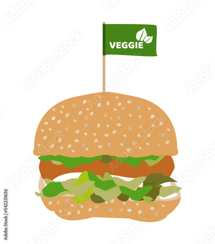 Vector illustration of veggie burger isolated on a white background. Soy-based protein meatless chicken burger or hamburger. Vegetarian or vegan fast food option, chicken substitute, or alternative.