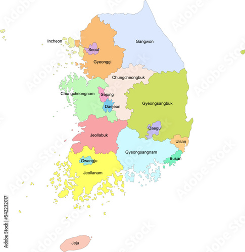 Carte de Corée du Sud avec représentation des divisions territoriales administratives par provinces, villes spéciales et villes métropolitaines - Textes vectorisés et non vectorisés sur calques séparé