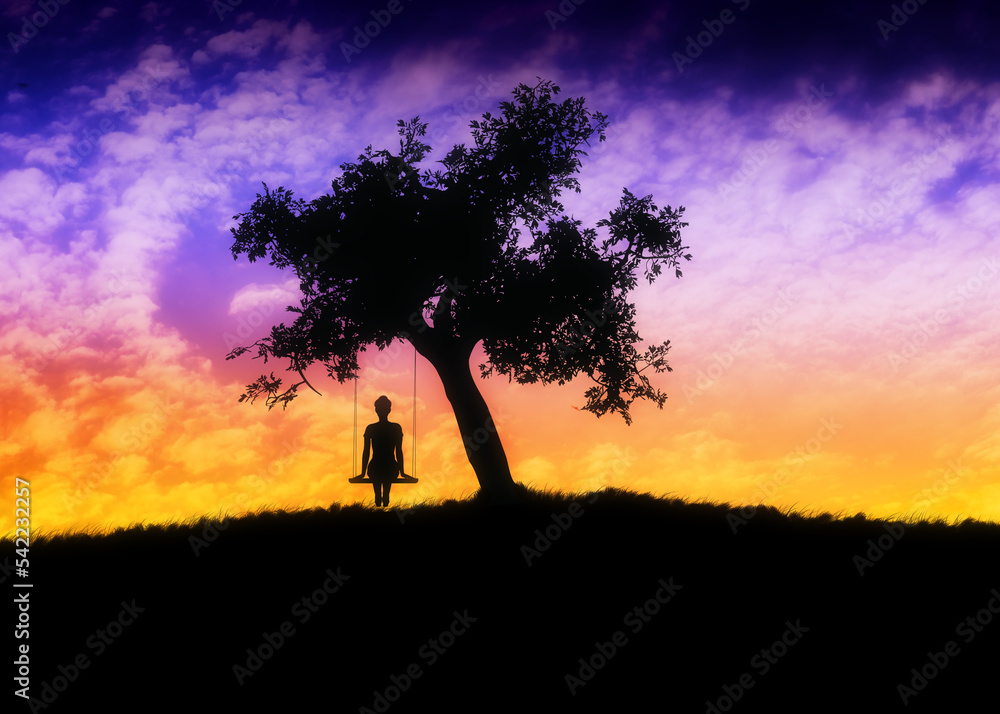 Girl on swing under tree at sunset