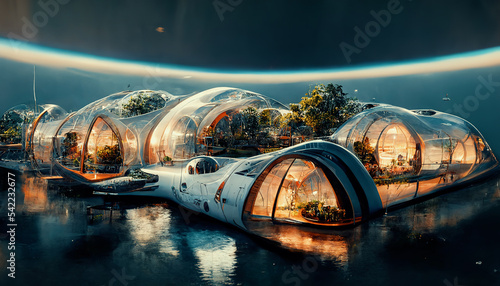 Canvas Print Space expansion concept of human settlement in alien world with green plant as proof of life in space