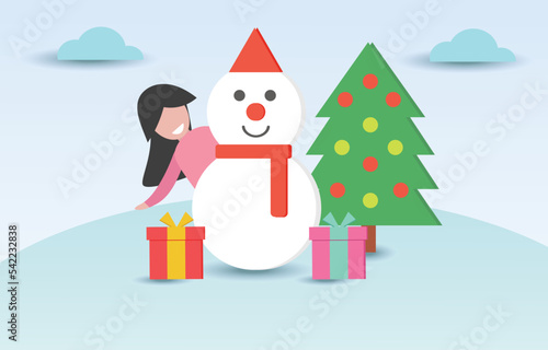 Vector christmas day festival with girl or woman behind snow man , christmas tree and giftbox.Illustration vector of snowman christmas day background sale.Use for X mas day festival ,winter gift sale.