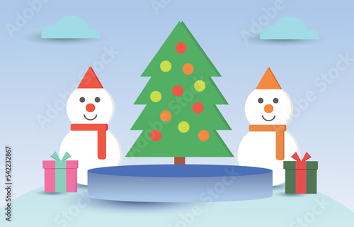 Vector podium of christmas day with snowman ,christmas tree and gift box. Illustration vector of Podium christmas day giftbox background sale concept. Use podium for X mas day festival , winter sale.