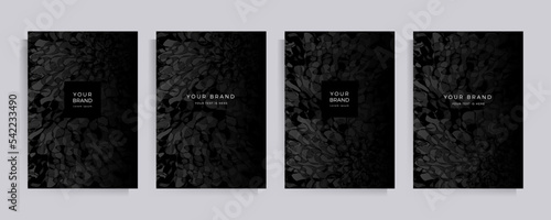 Covers strict elegant design in black tones. Vector set of patterns with abstract texture. Background templates for invitation, flyer, poster, brochure, postcard.