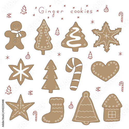 Christmas ginger cookies set vector illustration, hand drawing