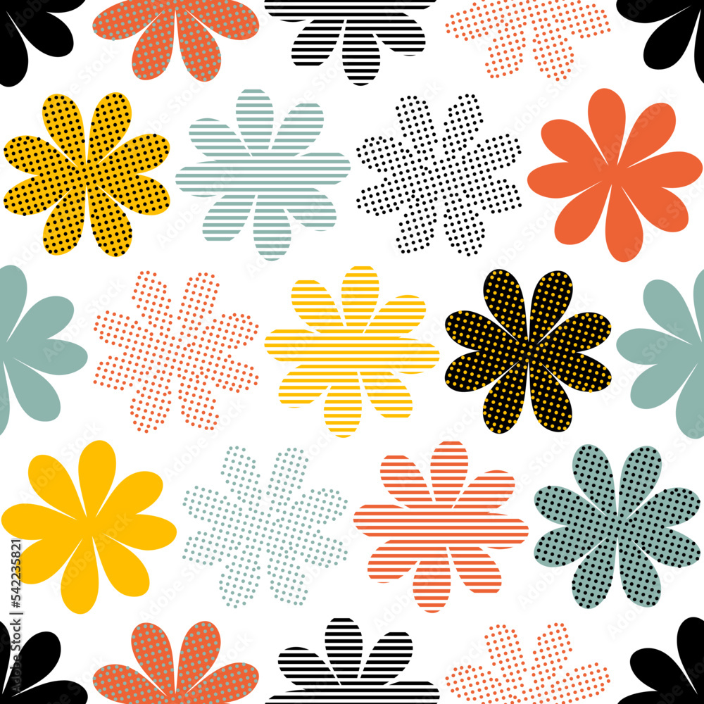 trendy-minimalist-seamless-pattern-with-striped-and-dotted-flowers-simple-floral-print-for-tee-textile-and-fabric-retro-style-vector-illustration-for-decor-and-design-stock-vector-adobe-stock