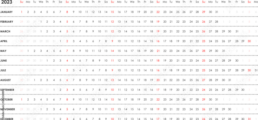 Linear calendar for 2023. Horizontal, black and white, English. Linear calendar for 2023. Horizontal, black and white, English.