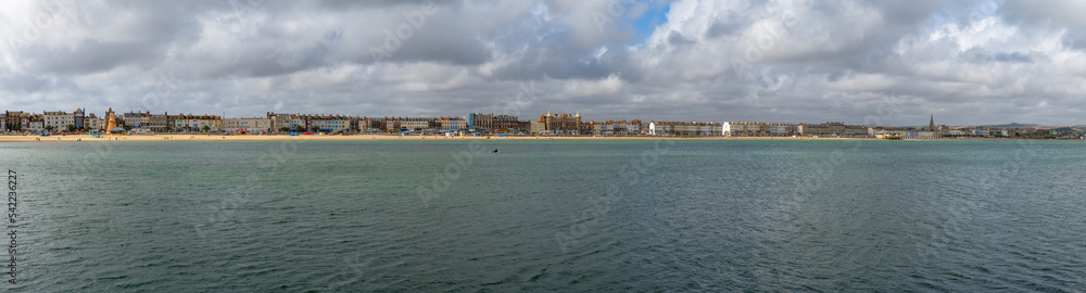 panorama view of the esplanade and beach in downtown Weymouth