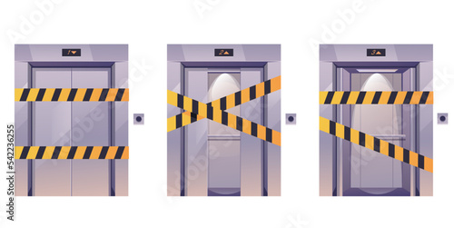 Elevator door hall broken closed dent abstract concept set. Vector graphic design illustration element