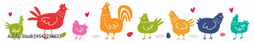 Fotografiet Vector horizontal pattern with a chicken family hand-drawn in the style of a doodle