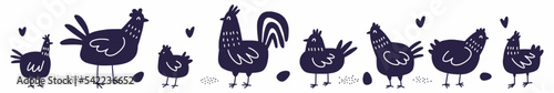 Fotografija Vector horizontal pattern with a chicken family hand-drawn in the style of a doodle