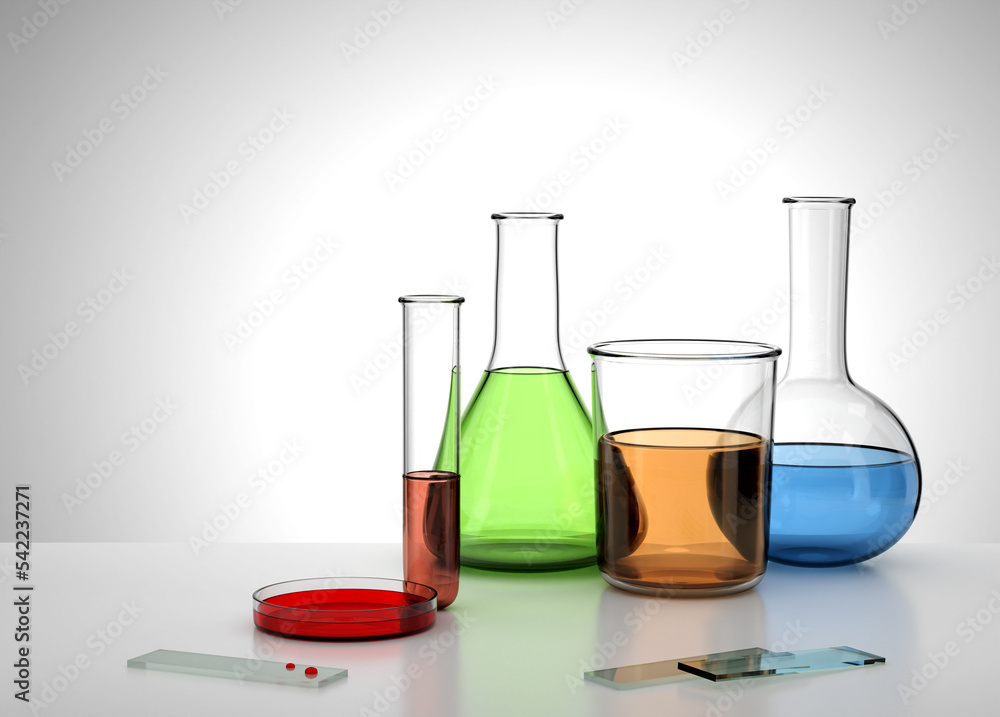 Realistic 3D Empty Lab Equipment Test Tube, flask, beaker, Petri dish 3D Illustration Realistic 3D Empty Lab Equipment Test Tube, flask, beaker, Petri dish 3D Illustration