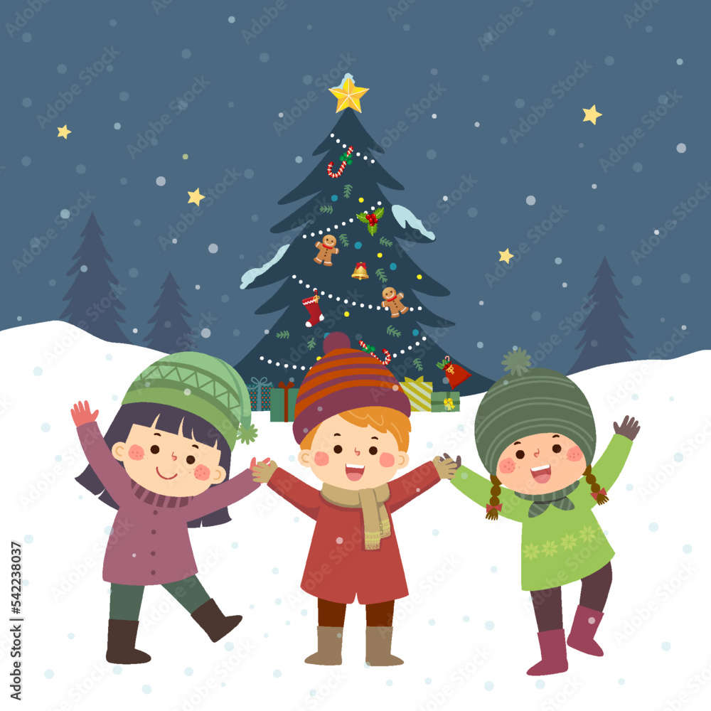 Happy kids playing near the Christmas tree under the snow. Happy kids playing near the Christmas tree under the snow.