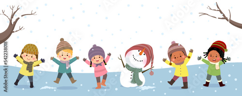 Vector banners kids playing in winter. Happy new year and Merry Christmas background