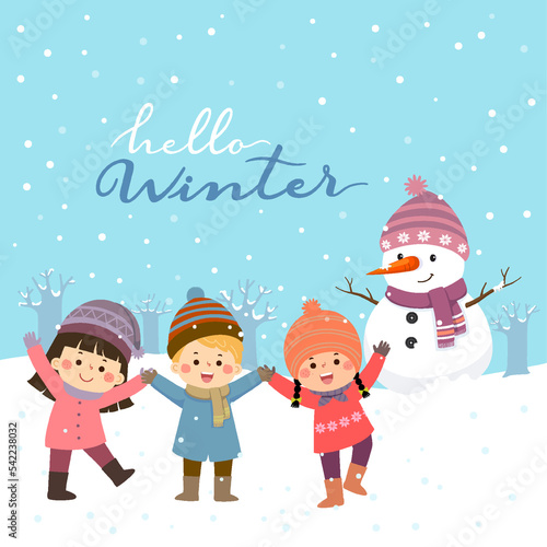 Winter fun. Kids playing outdoors in winter