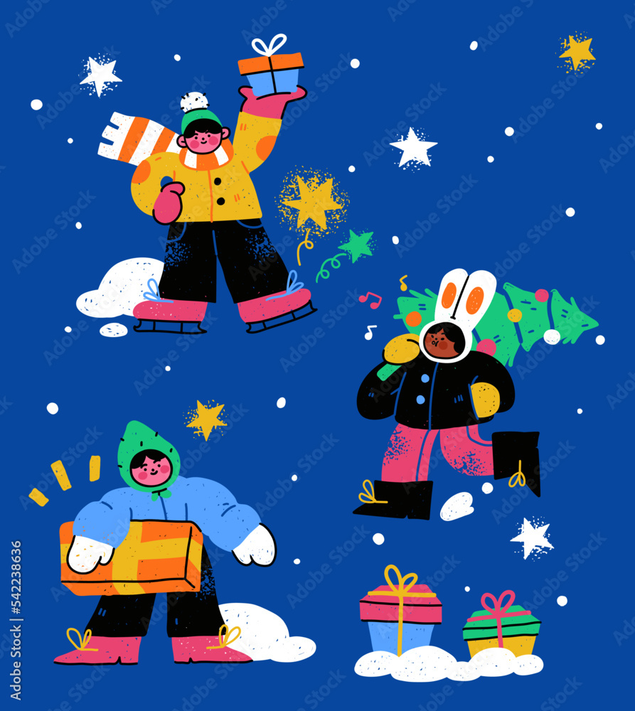 New Year And Christmas Greeting Card with happy playful kids. New Year And Christmas Greeting Card with happy playful kids.