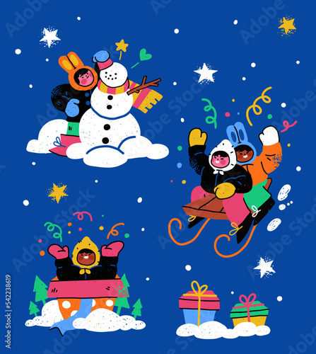 New Year And Christmas Greeting Card with happy playful kids.