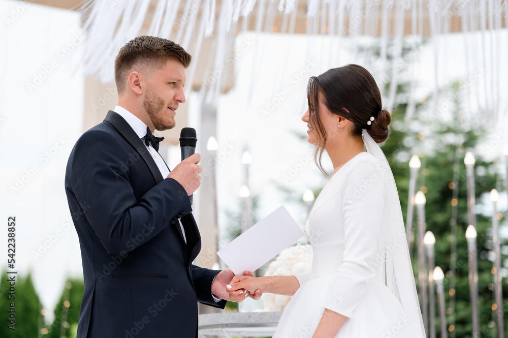 Side view tenderness moment on wedding ceremony groom talks a love oath for beautiful bride. Loving married couple man and woman having wedding ceremony outdoors. Side view tenderness moment on wedding ceremony groom talks a love oath for beautiful bride. Loving married couple man and woman having wedding ceremony outdoors.